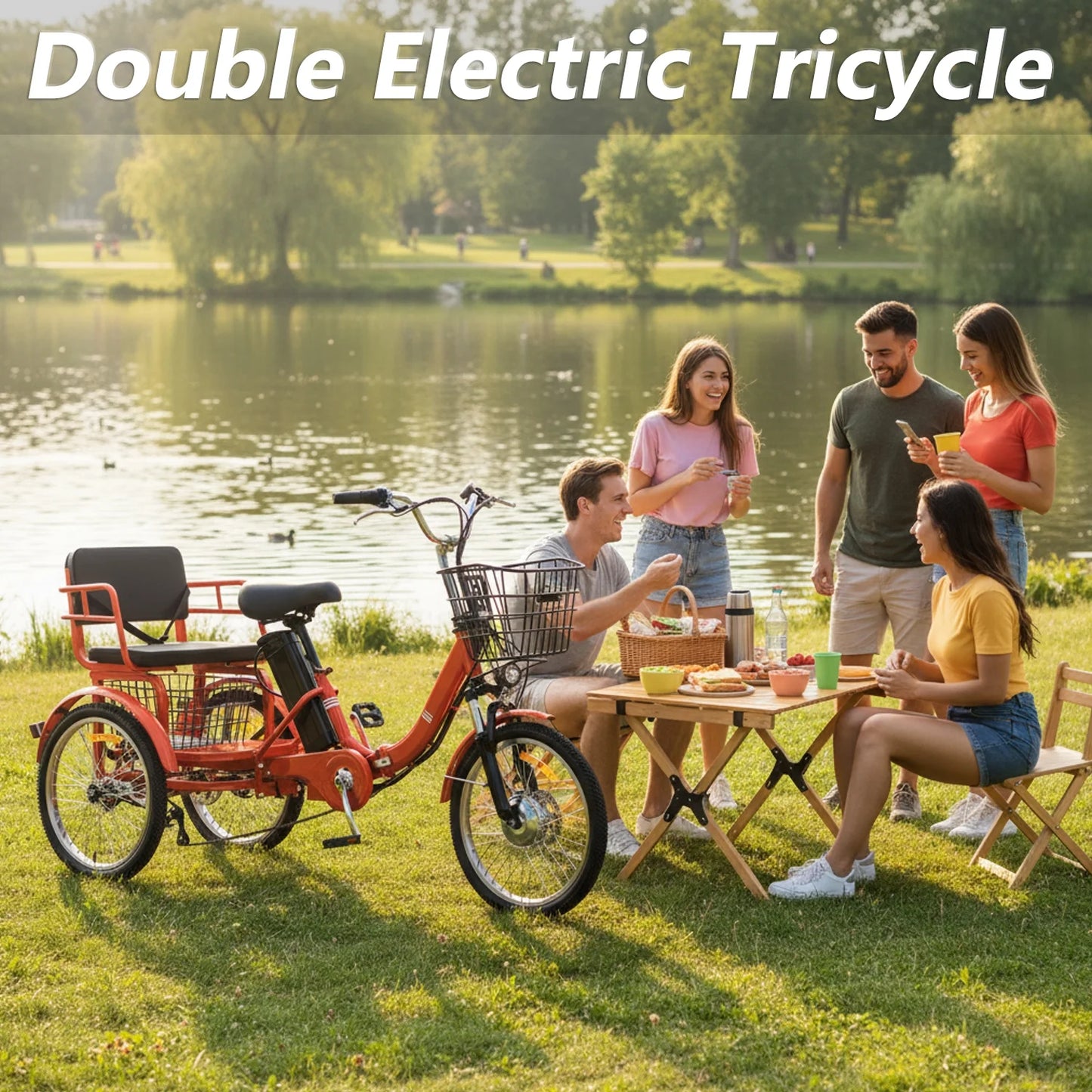 Electric Tricycle for Adults Folding Electric Trike 3 Wheel Electric Trike with Two-Seater Large Basket Super Powerful Brushless 500W Motor 48V15AH Lithium Battery Max 20MPH E-Tricycle Orange