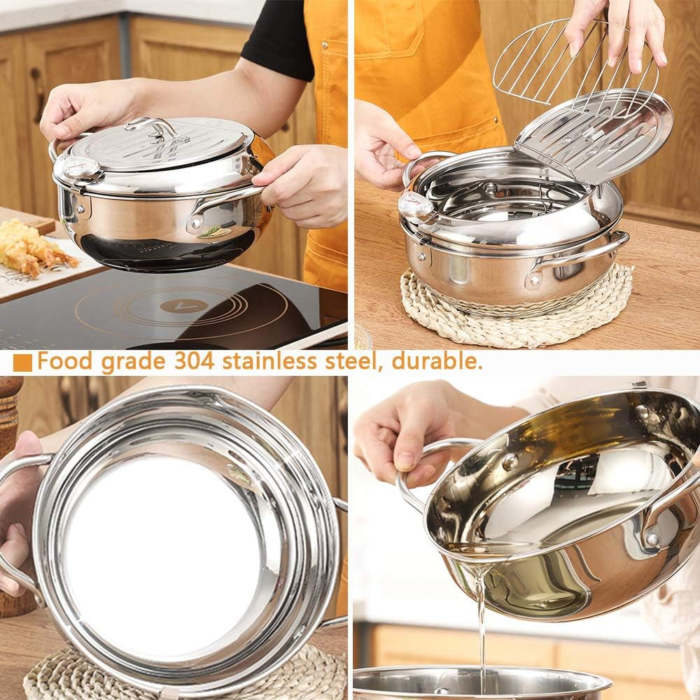 Deep Fryer Pot with Oil Drop Tray Basket and Oil Thermometer Japanese-Style Tempura Small Mini Fryers, for the Home.