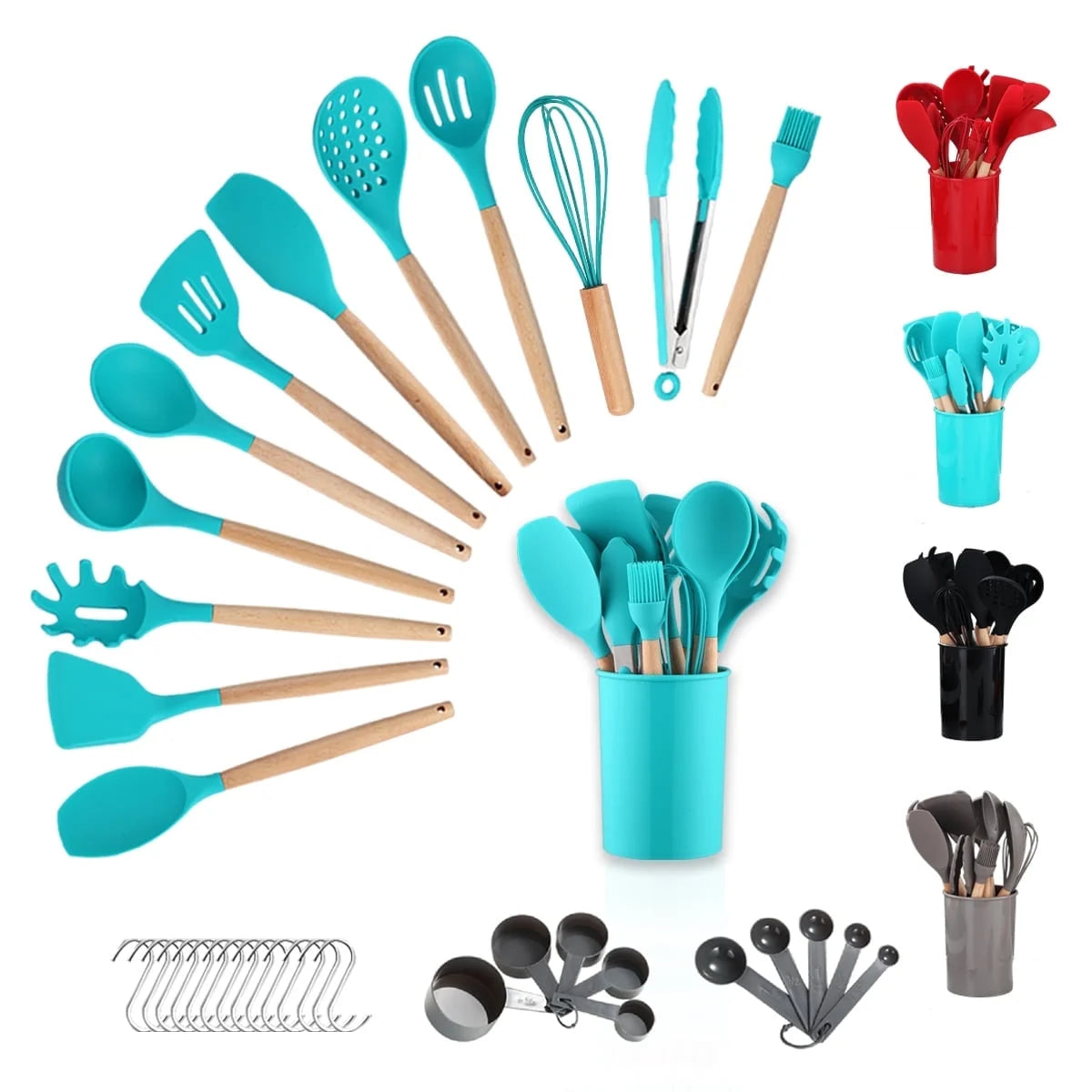 Silicone Kitchen Utensils Set 38 Pieces and Utensil Holder (Blue)
