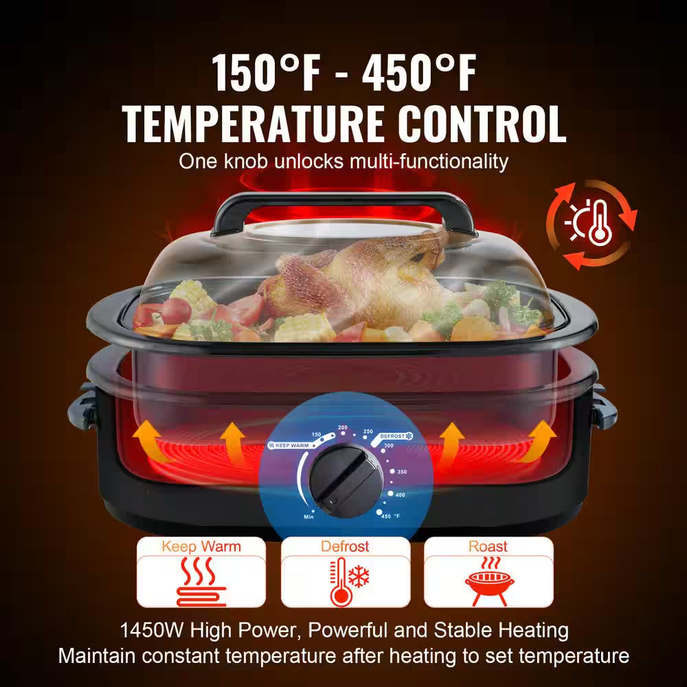 Electric Roaster Oven 24 Qt. Turkey Roaster Oven Slow Cookers 1450-Watt with Defrost Warm Function Adjustable Temp Black