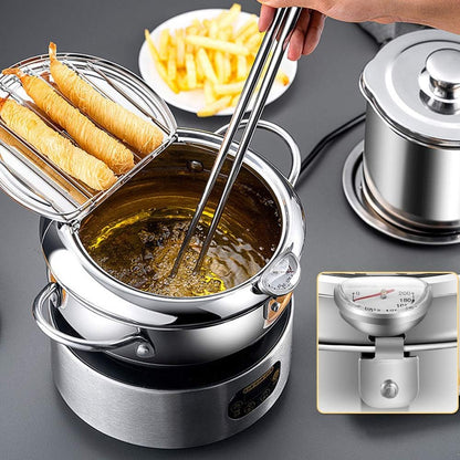 Deep Fryer Pot with Oil Drop Tray Basket and Oil Thermometer Japanese-Style Tempura Small Mini Fryers, for the Home.