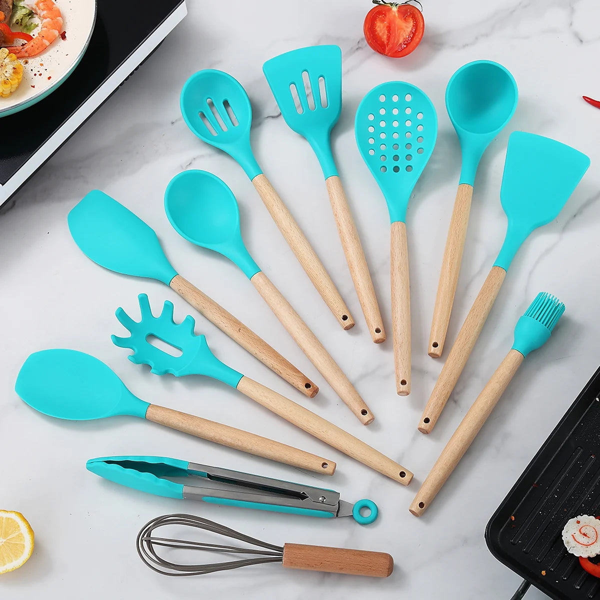 Silicone Kitchen Utensils Set 38 Pieces and Utensil Holder (Blue)