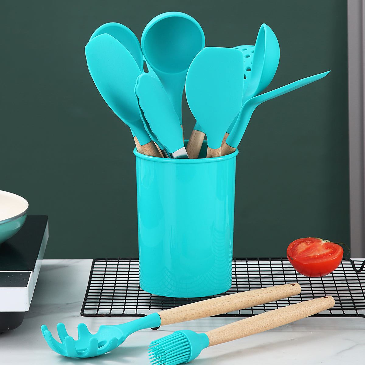 Silicone Kitchen Utensils Set 38 Pieces and Utensil Holder (Blue)