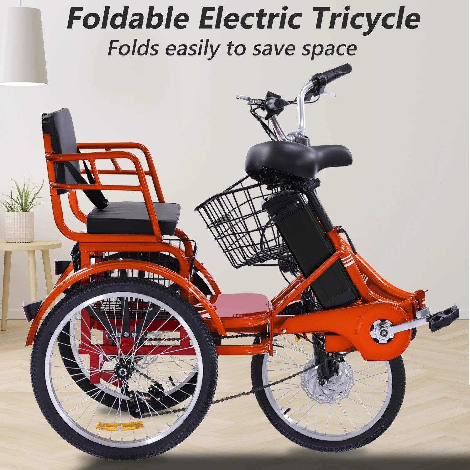 Electric Tricycle for Adults Folding Electric Trike 3 Wheel Electric Trike with Two-Seater Large Basket Super Powerful Brushless 500W Motor 48V15AH Lithium Battery Max 20MPH E-Tricycle Orange