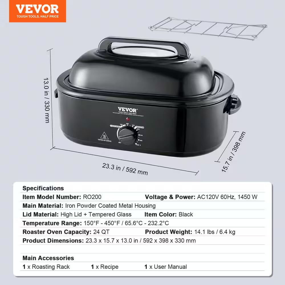 Electric Roaster Oven 24 Qt. Turkey Roaster Oven Slow Cookers 1450-Watt with Defrost Warm Function Adjustable Temp Black