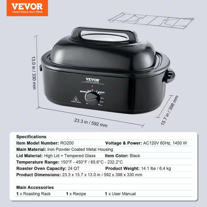 Electric Roaster Oven 24 Qt. Turkey Roaster Oven Slow Cookers 1450-Watt with Defrost Warm Function Adjustable Temp Black