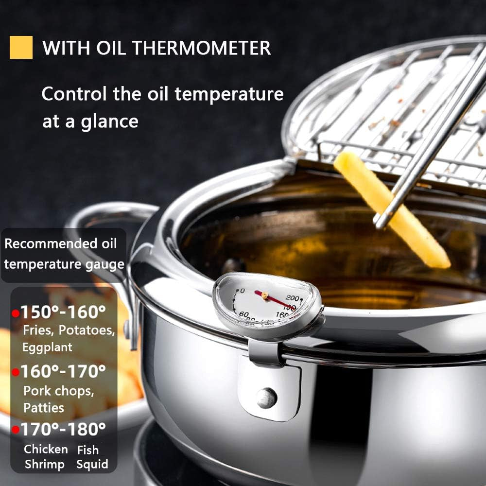 Deep Fryer Pot with Oil Drop Tray Basket and Oil Thermometer Japanese-Style Tempura Small Mini Fryers, for the Home.