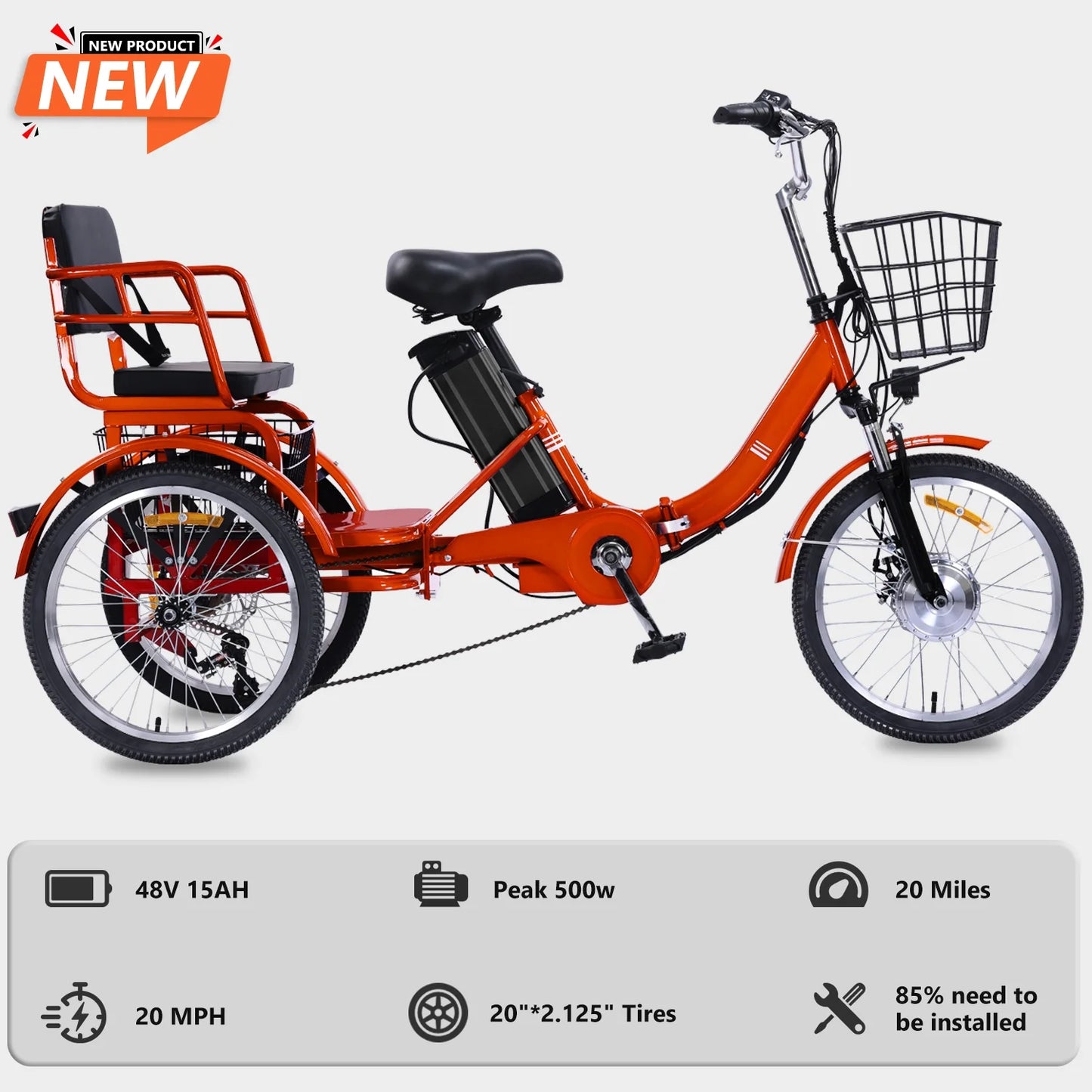 Electric Tricycle for Adults Folding Electric Trike 3 Wheel Electric Trike with Two-Seater Large Basket Super Powerful Brushless 500W Motor 48V15AH Lithium Battery Max 20MPH E-Tricycle Orange
