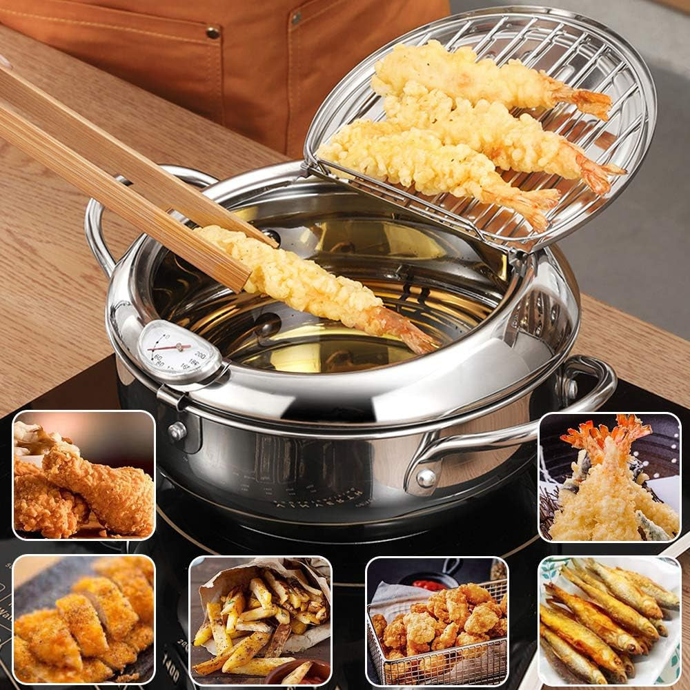Deep Fryer Pot with Oil Drop Tray Basket and Oil Thermometer Japanese-Style Tempura Small Mini Fryers, for the Home.