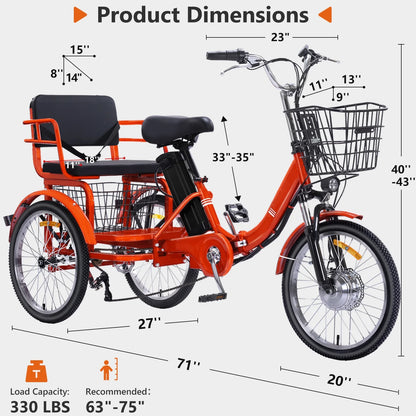 Electric Tricycle for Adults Folding Electric Trike 3 Wheel Electric Trike with Two-Seater Large Basket Super Powerful Brushless 500W Motor 48V15AH Lithium Battery Max 20MPH E-Tricycle Orange