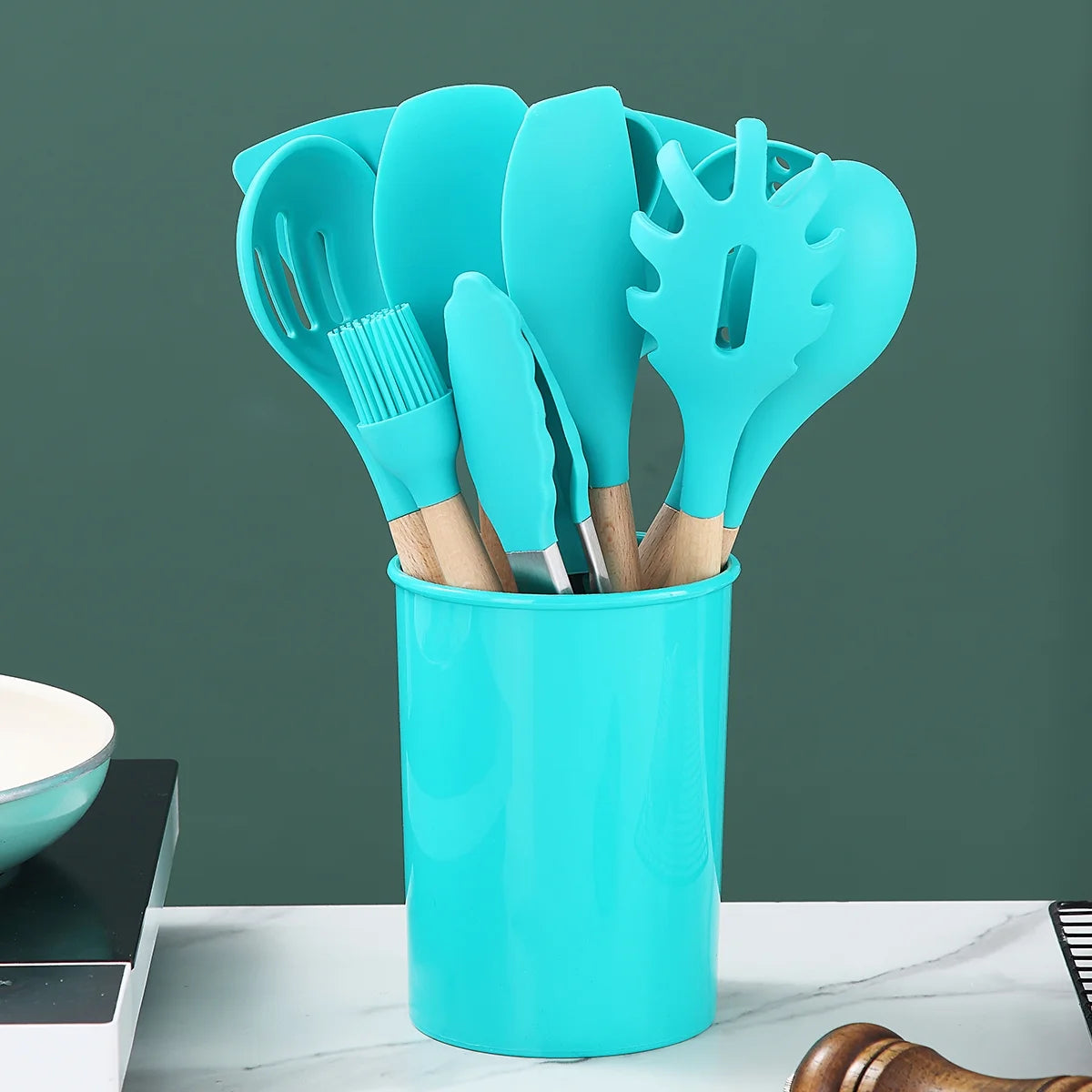 Silicone Kitchen Utensils Set 38 Pieces and Utensil Holder (Blue)