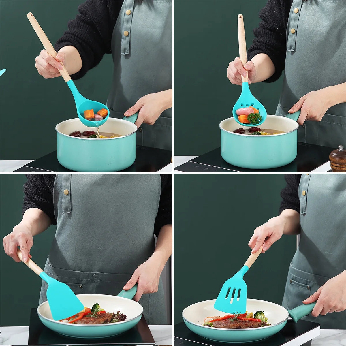 Silicone Kitchen Utensils Set 38 Pieces and Utensil Holder (Blue)