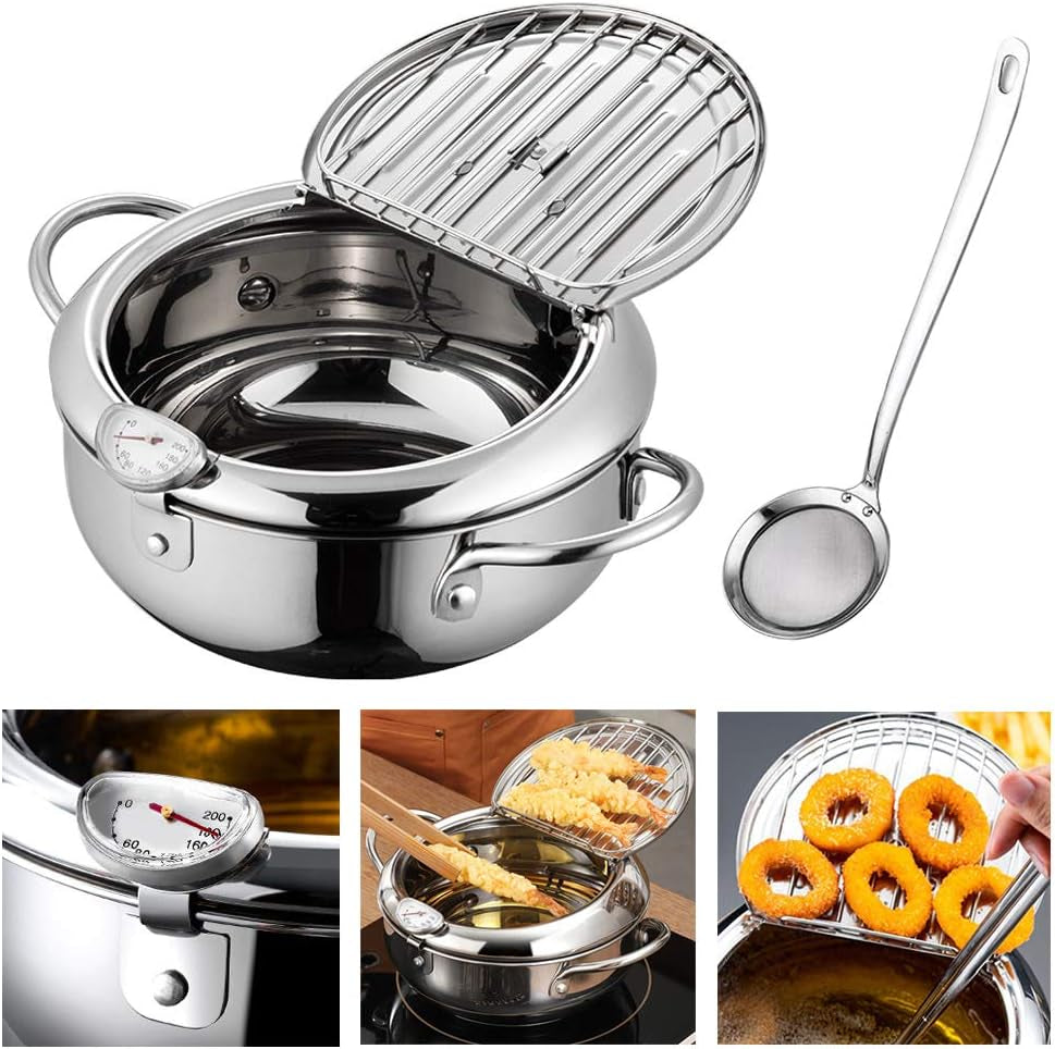 Deep Fryer Pot with Oil Drop Tray Basket and Oil Thermometer Japanese-Style Tempura Small Mini Fryers, for the Home.
