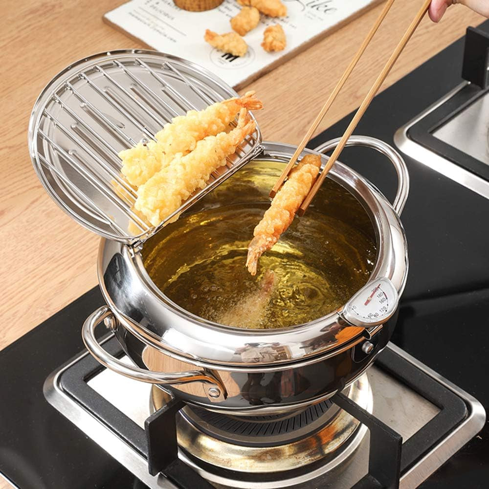 Deep Fryer Pot with Oil Drop Tray Basket and Oil Thermometer Japanese-Style Tempura Small Mini Fryers, for the Home.